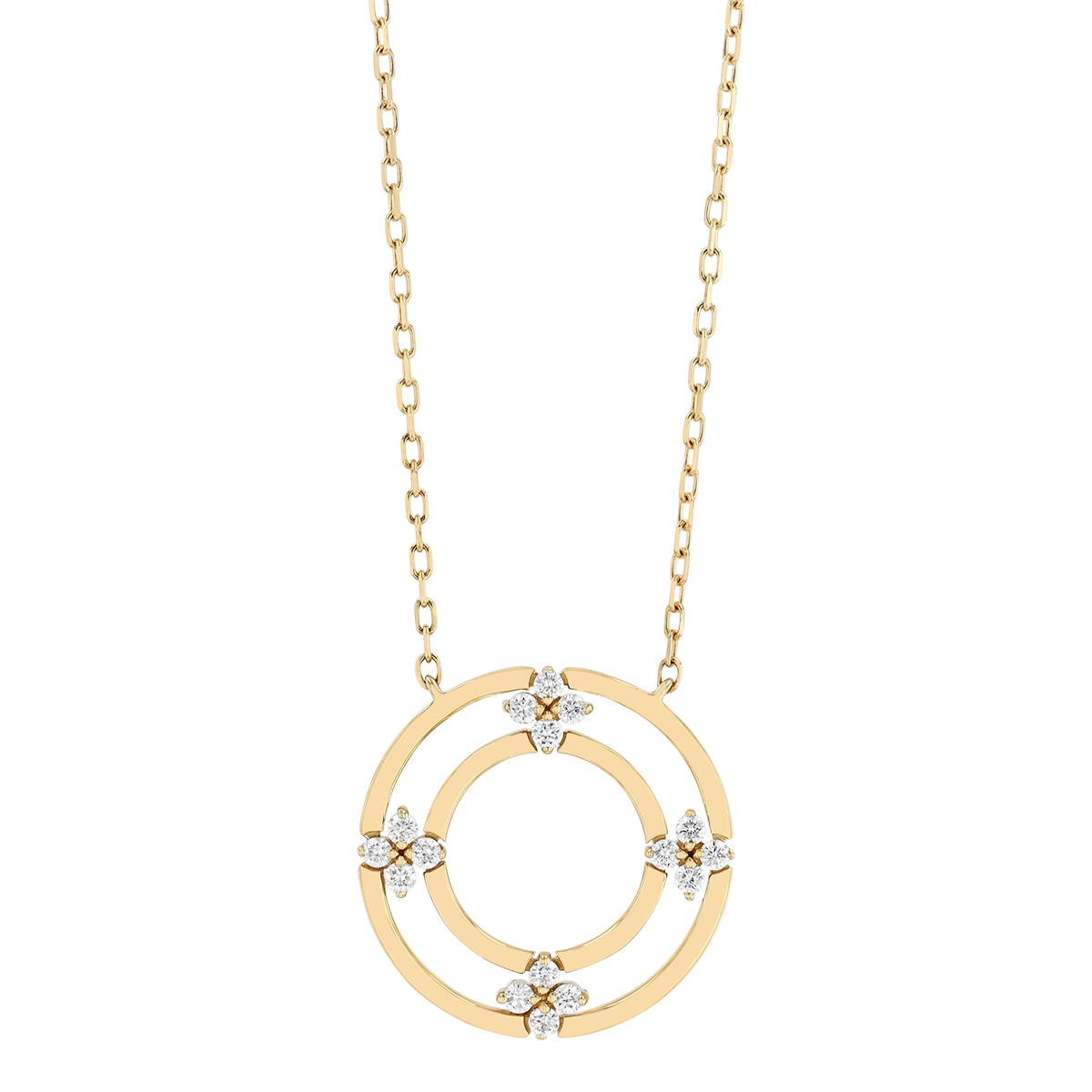 Diamond Flower Quartet Double Open Circle Pendant in Yellow Gold, 18