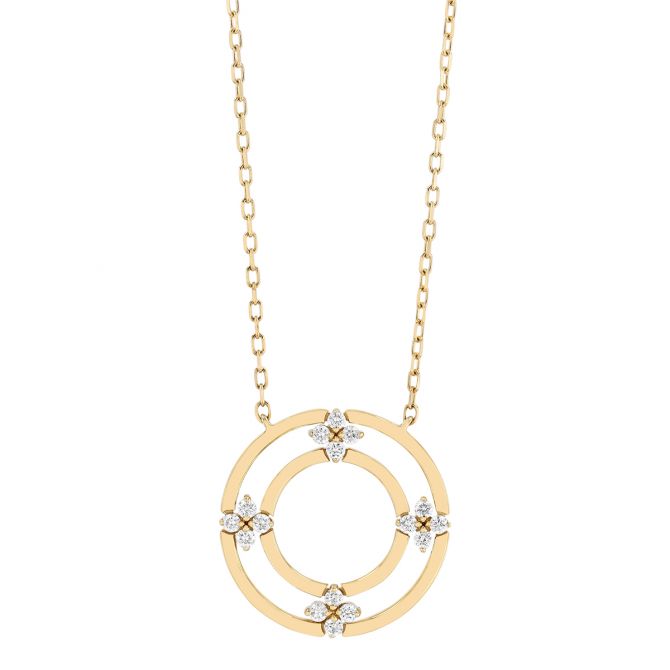 Diamond Flower Quartet Double Open Circle Pendant in Yellow Gold, 18"