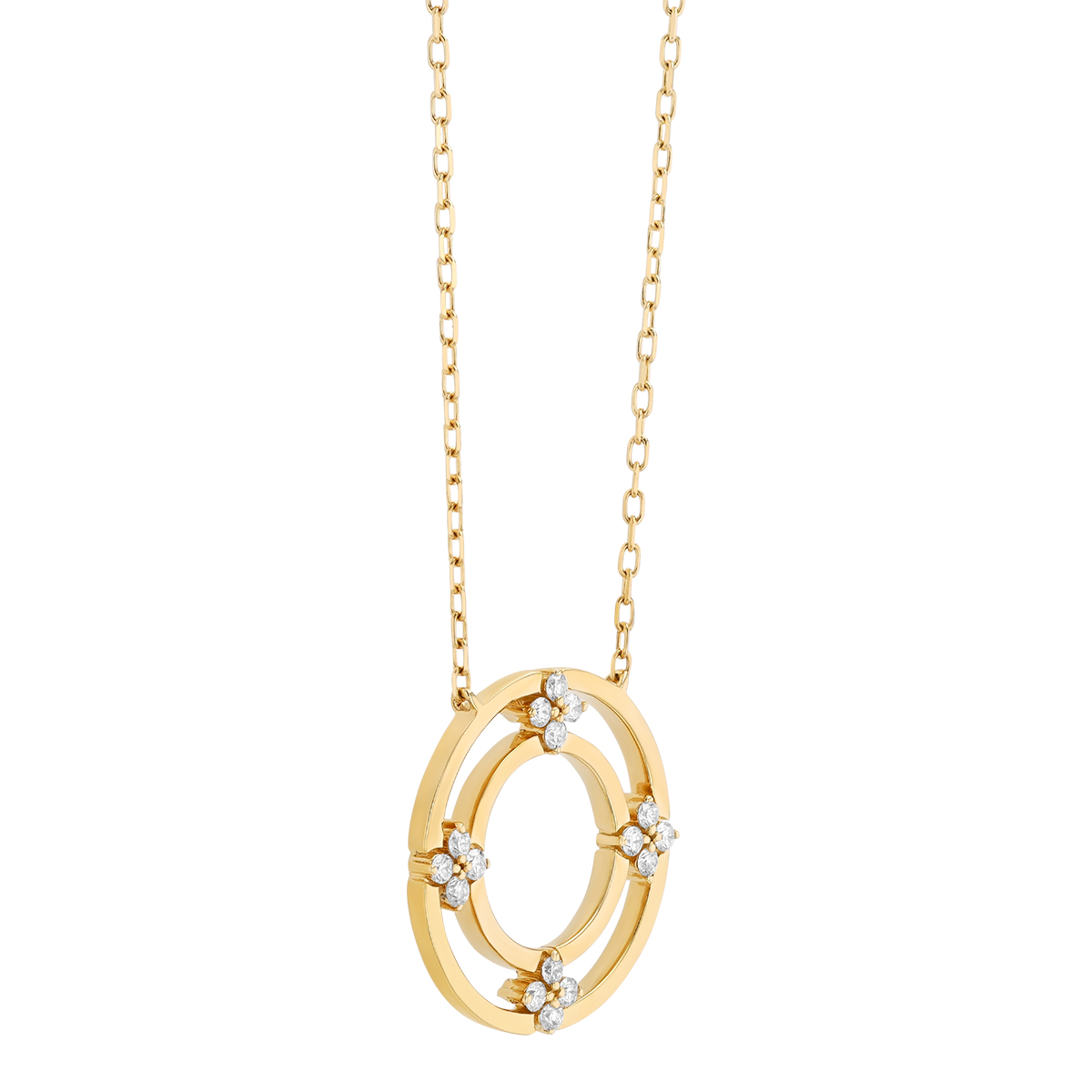 Diamond Flower Quartet Double Open Circle Pendant in Yellow Gold, 18