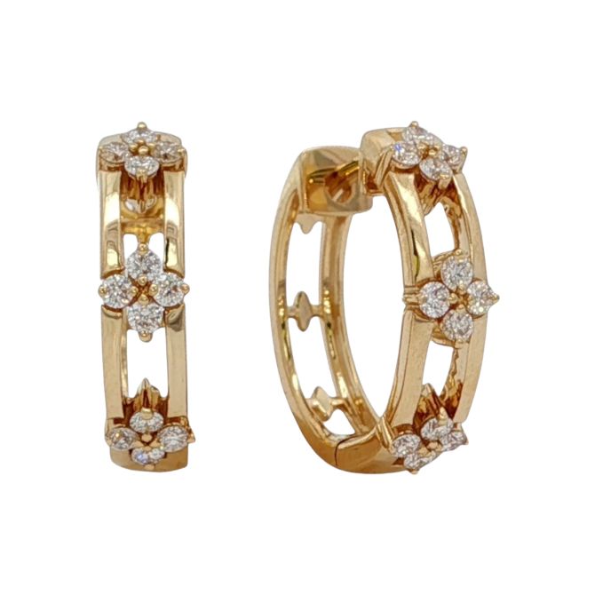 Diamond Quartet Floral Station Open Hoop Earrings in Yellow Gold