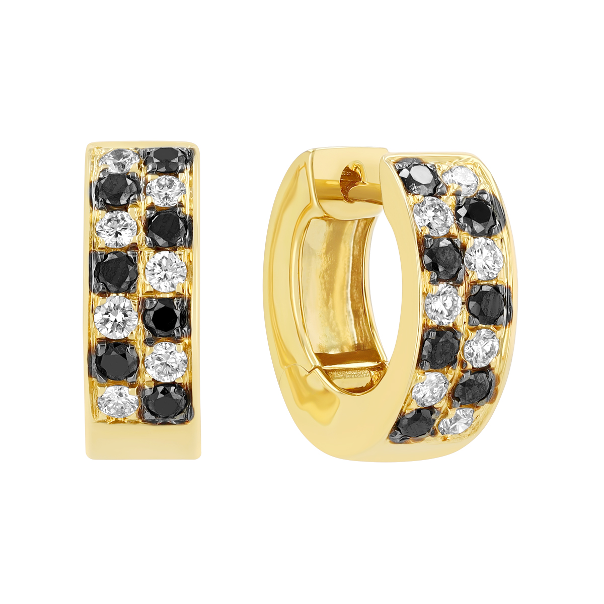 Frederic Sage Black & White Diamond Pavé Huggie Hoop Earrings in Yellow Gold