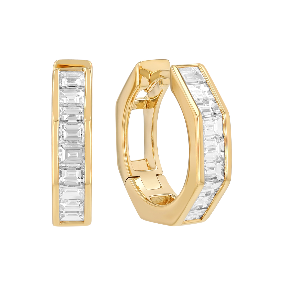 Frederic Sage Baguette Diamond Channel Set Octagon Hoop Earrings in Yellow Gold
