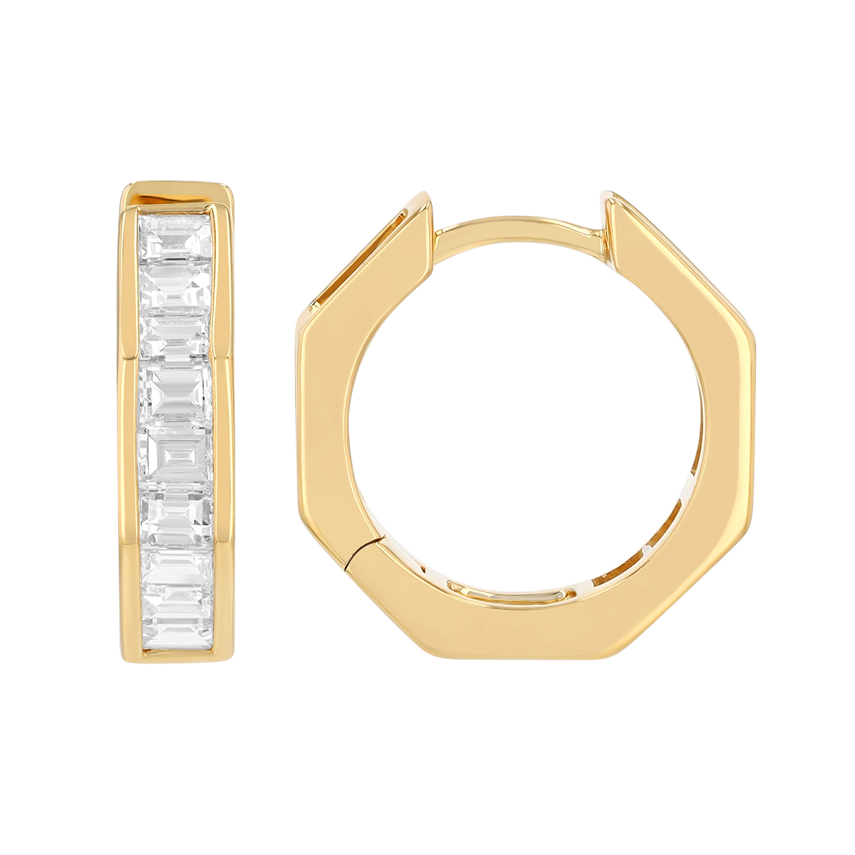 Frederic Sage Baguette Diamond Channel Set Octagon Hoop Earrings in Yellow Gold