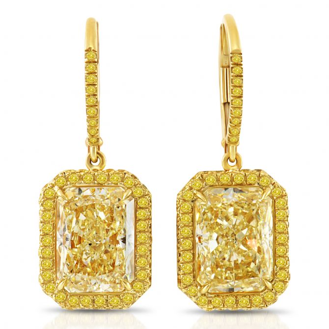 Rahaminov Fancy Light Yellow Radiant Diamond Halo Drop Earrings in 18K Yellow Gold
