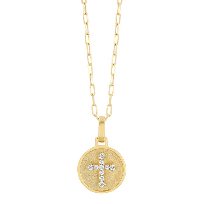 Frederic Sage Diamond Cross Circle Pendant in Yellow Gold