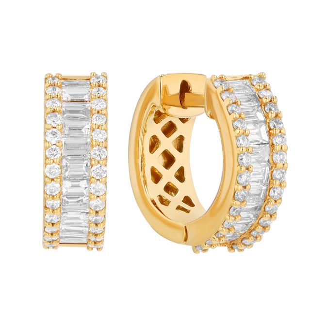 Frederic Sage Baguette & Round Diamond Huggie Hoop Earrings in Yellow Gold