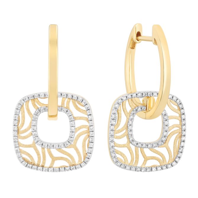 Frederic Sage Diamond Swirl Square Dangle Hoop Earrings in Yellow Gold