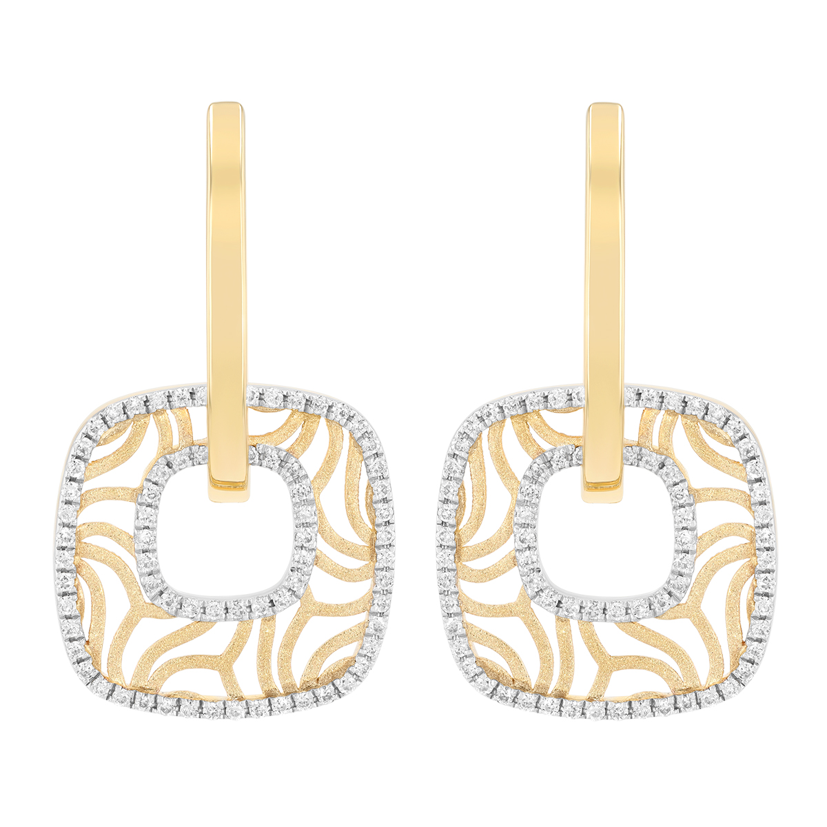 Frederic Sage Diamond Swirl Square Dangle Hoop Earrings in Yellow Gold