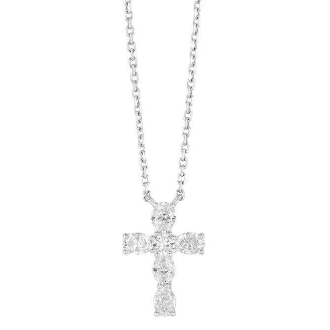 Frederic Sage Oval Diamond Cross Pendant in White Gold, 17"