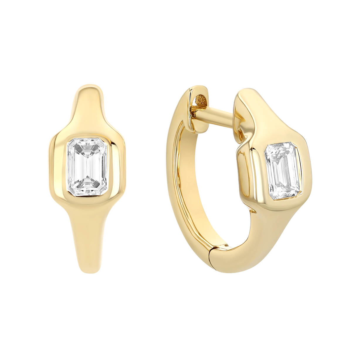 Bezel Set Emerald Cut Diamond Huggie Hoop Earrings in Yellow Gold
