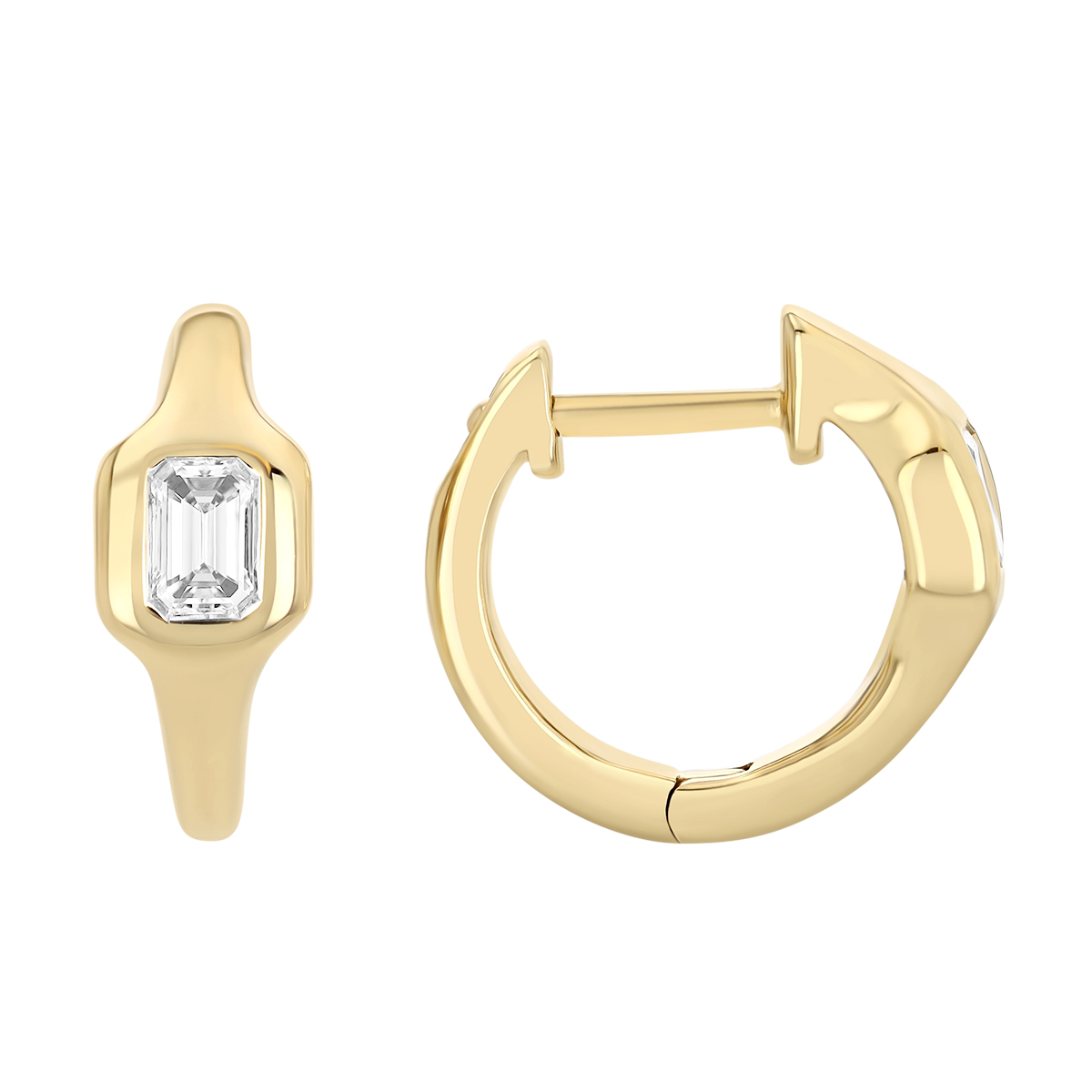 Bezel Set Emerald Cut Diamond Huggie Hoop Earrings in Yellow Gold