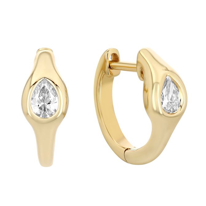 Bezel Set Pear Shape Diamond Huggie Hoop Earrings in Yellow Gold