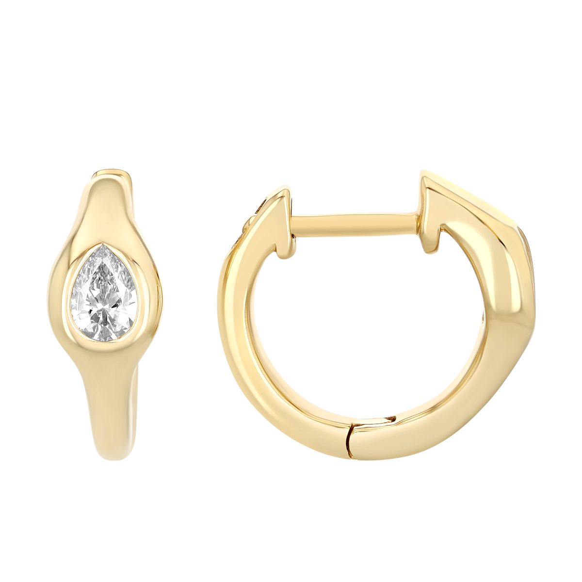 Bezel Set Pear Shape Diamond Huggie Hoop Earrings in Yellow Gold