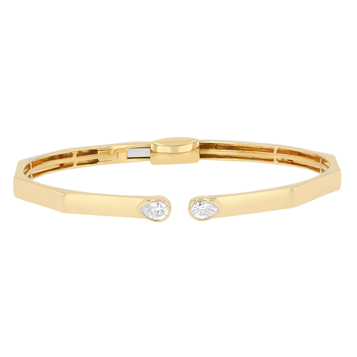 Bezel Set Pear Shape Diamond Duo Open Geometric Cuff Bracelet in Yellow Gold