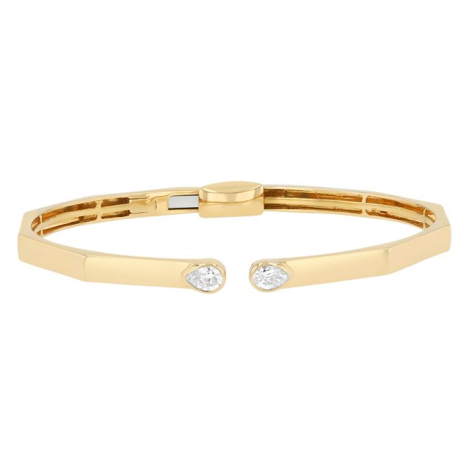 Bezel Set Pear Shape Diamond Duo Open Geometric Cuff Bracelet in Yellow Gold