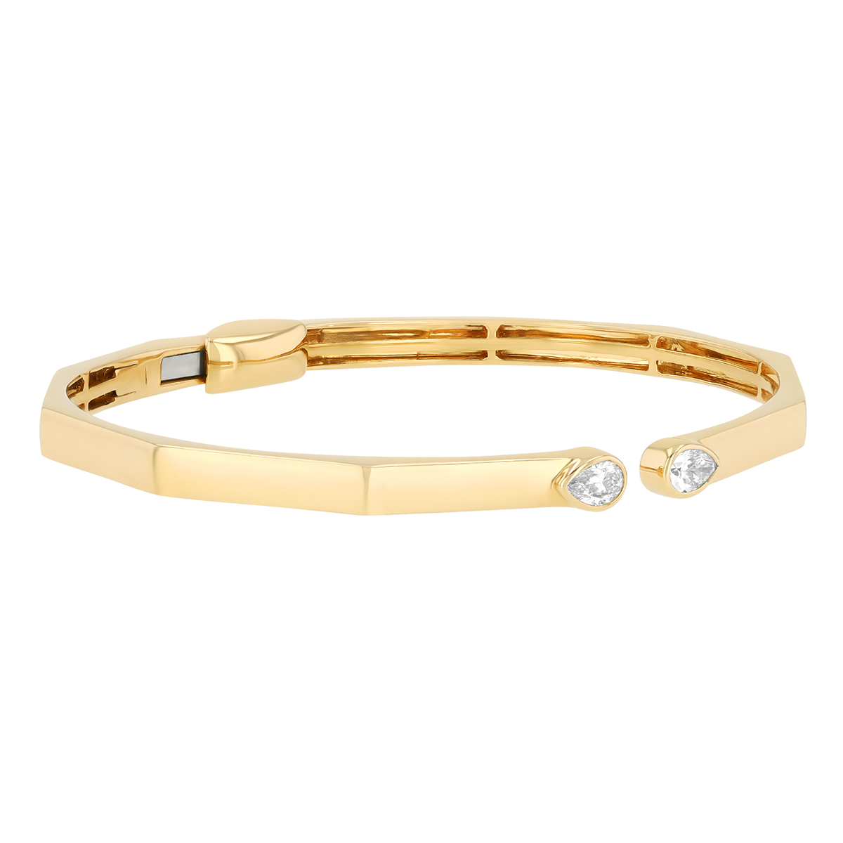 Bezel Set Pear Shape Diamond Duo Open Geometric Cuff Bracelet in Yellow Gold