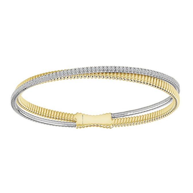 iDD Flexie Diamond & Ribbed Yellow Gold Crossover 2 Strand Flexible Bracelet in Two Tone