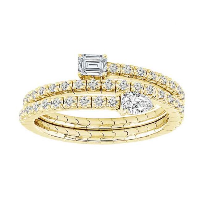 iDD Flexie Pear & Emerald Cut Diamond Triple Wrap Flexible Ring in Yellow Gold