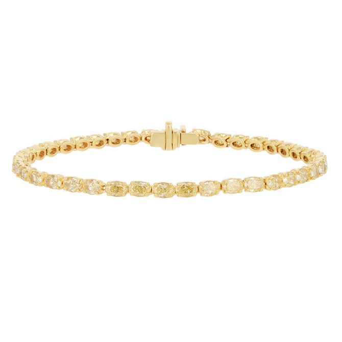 Oval Fancy Yellow Diamond Tennis Bracelet in Yellow Gold, 7", 6.57 cttw