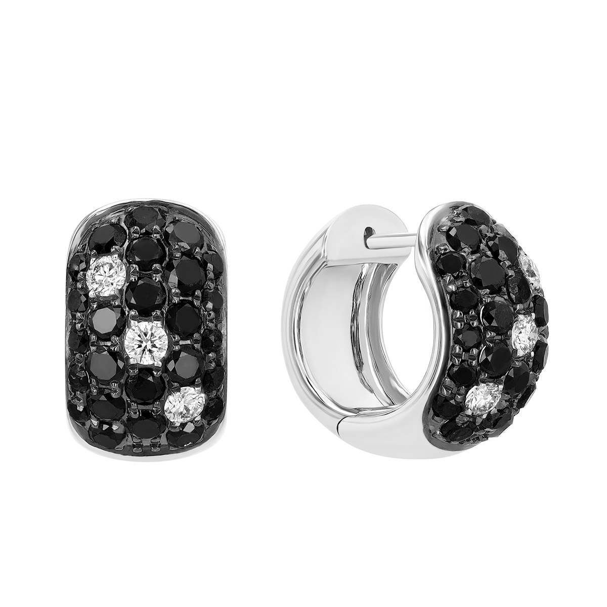 Black & White Diamond Pavé Huggie Hoop Earrings in White Gold & Black Rhodium