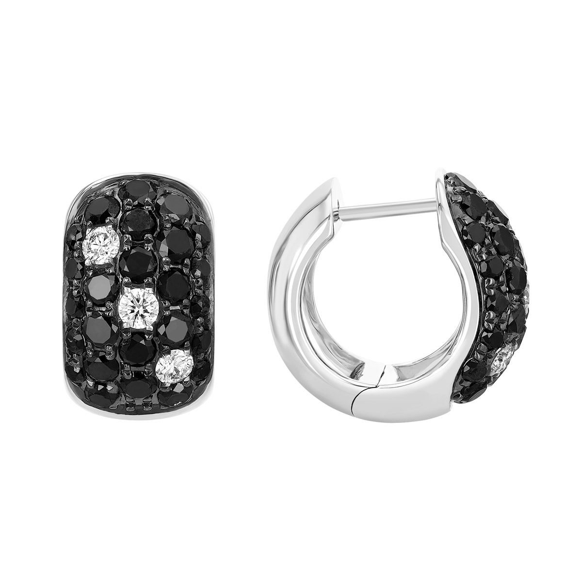 Black & White Diamond Pavé Huggie Hoop Earrings in White Gold & Black Rhodium
