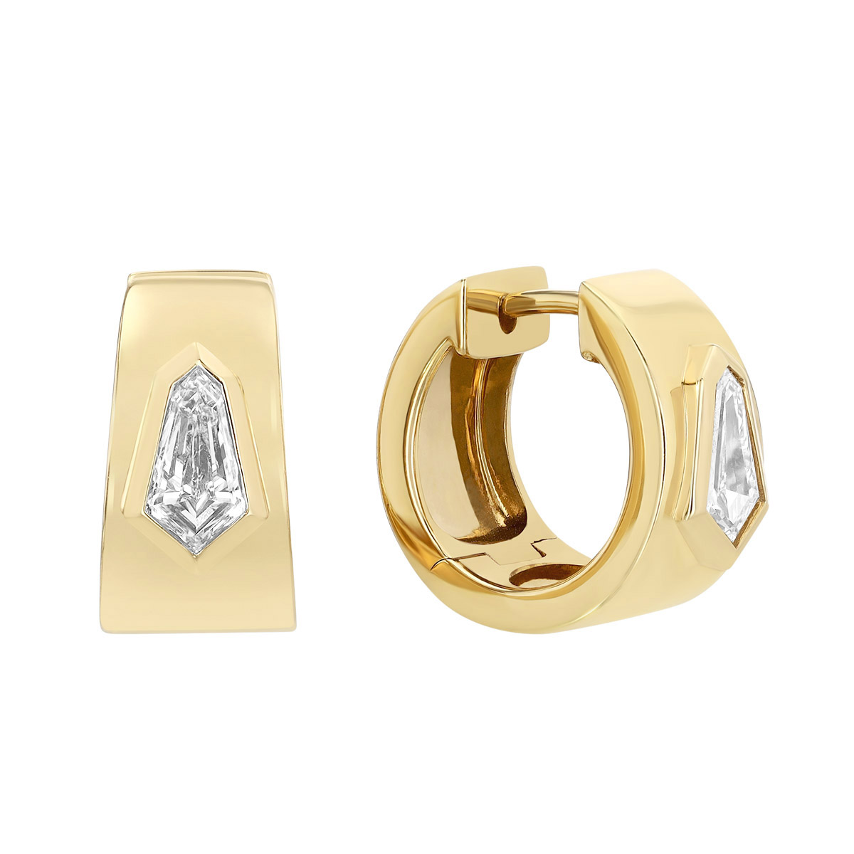 Bezel Set Kite Shape Diamond Huggie Hoop Earrings in Yellow Gold