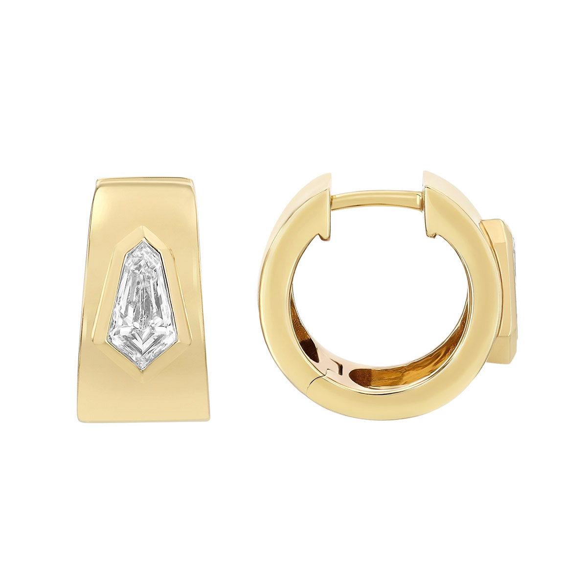 Bezel Set Kite Shape Diamond Huggie Hoop Earrings in Yellow Gold