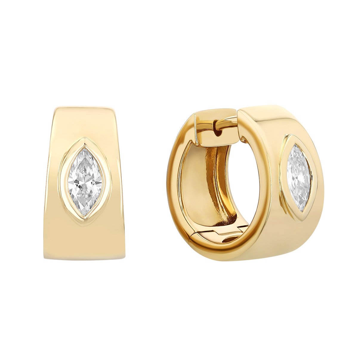 Bezel Set Marquise Shape Diamond Huggie Hoop Earrings in Yellow Gold