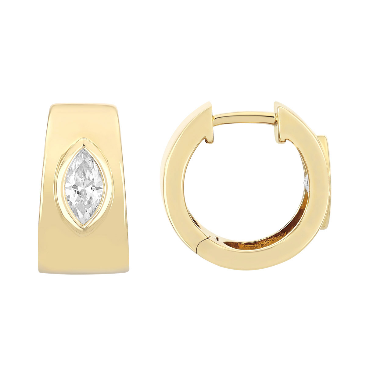 Bezel Set Marquise Shape Diamond Huggie Hoop Earrings in Yellow Gold
