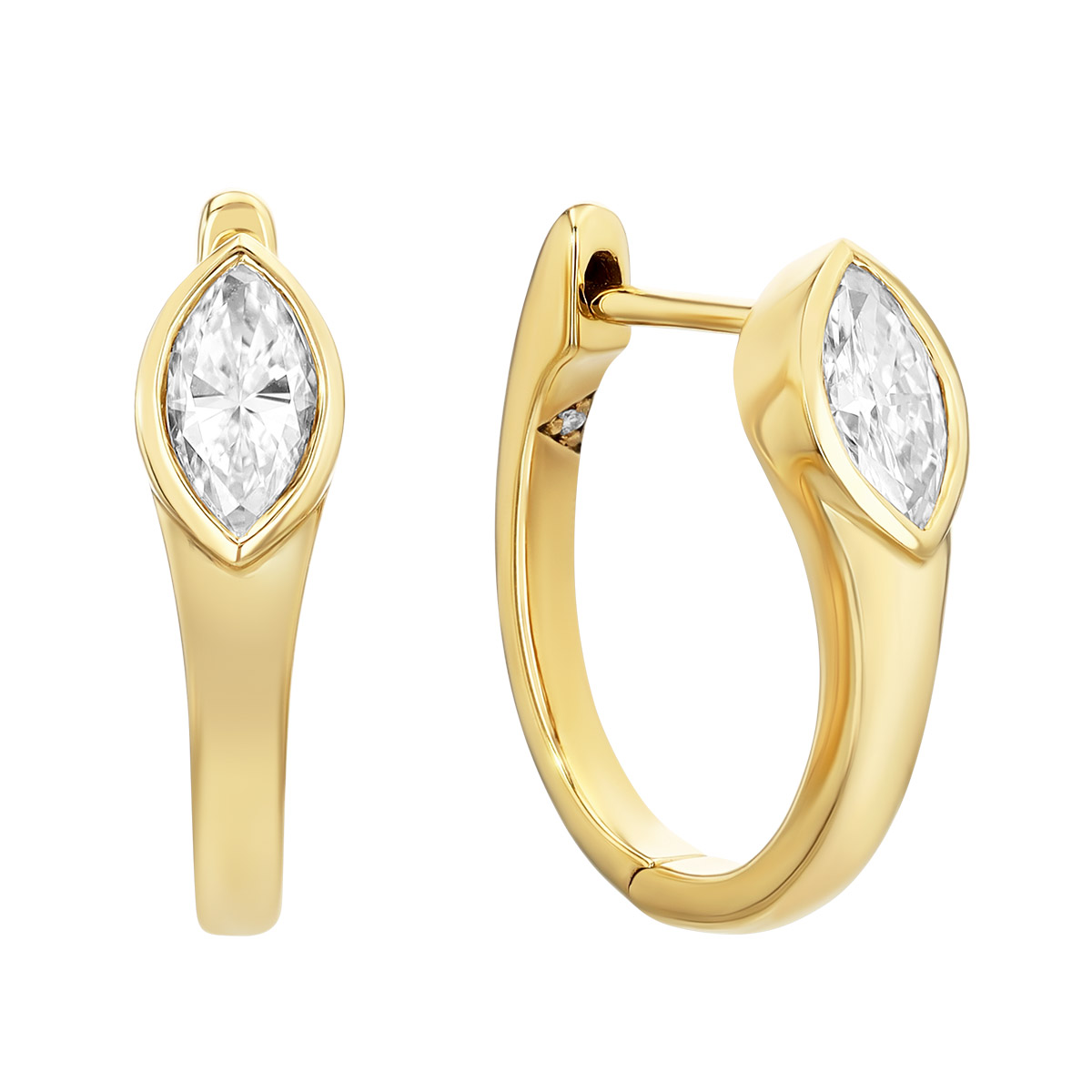 Bezel Set Marquise Shape Diamond Hoop Earrings in Yellow Gold