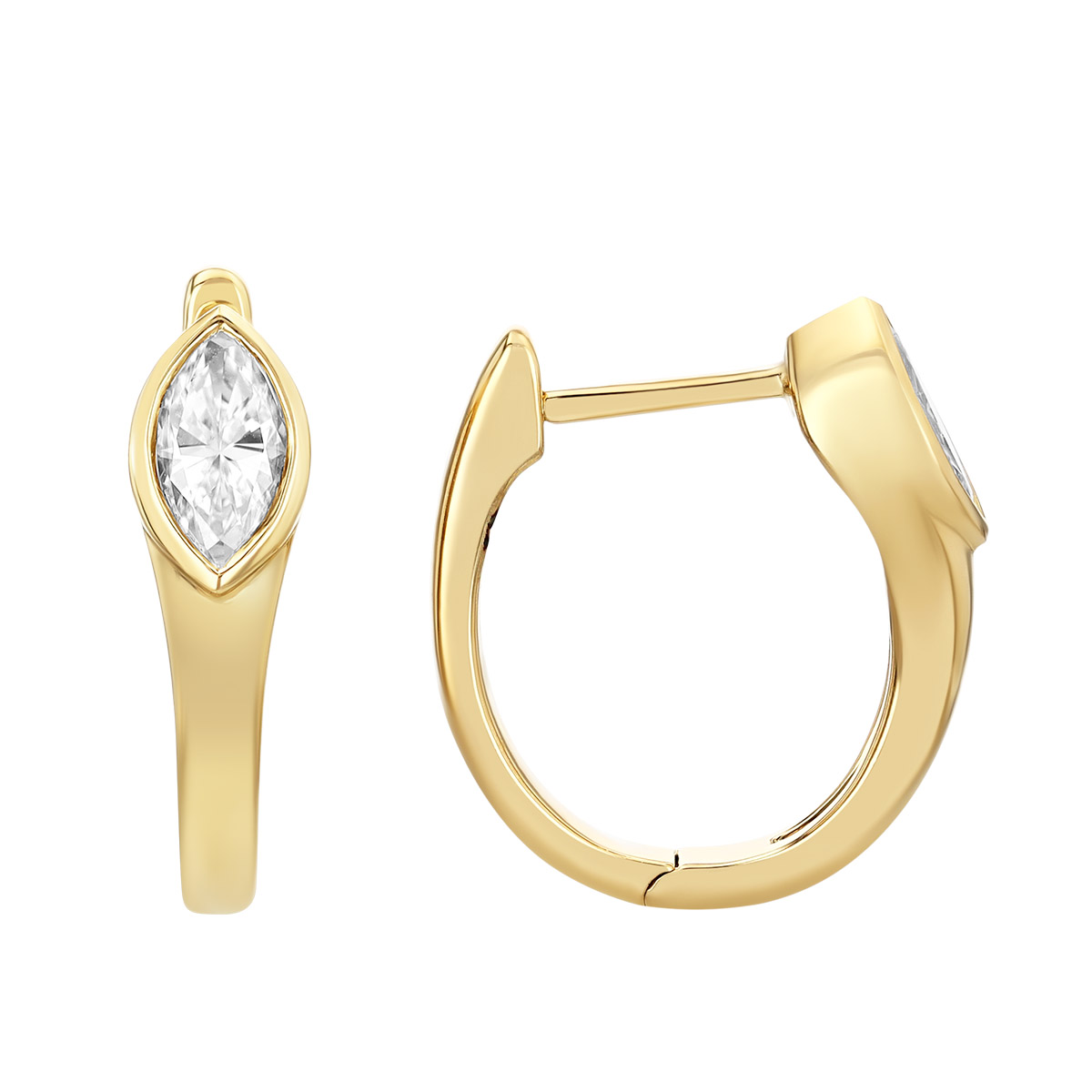 Bezel Set Marquise Shape Diamond Hoop Earrings in Yellow Gold
