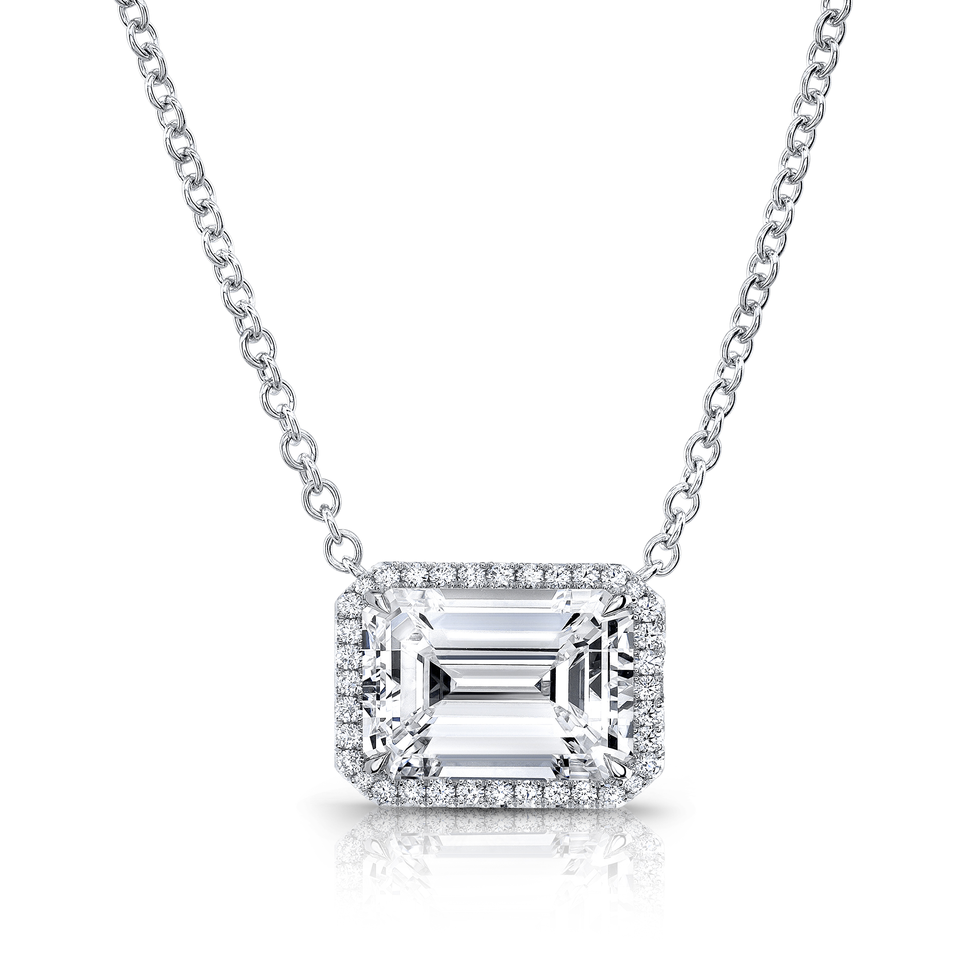 Rahaminov Emerald Cut Diamond Halo Necklace in 18K White Gold, 18