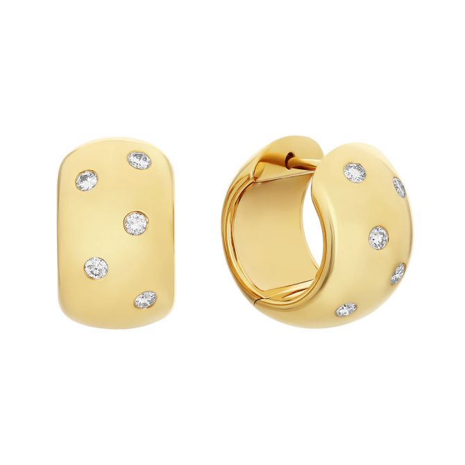 Flush Set Diamond Scatter Wide Huggie Hoop Earrings in Yellow Gold