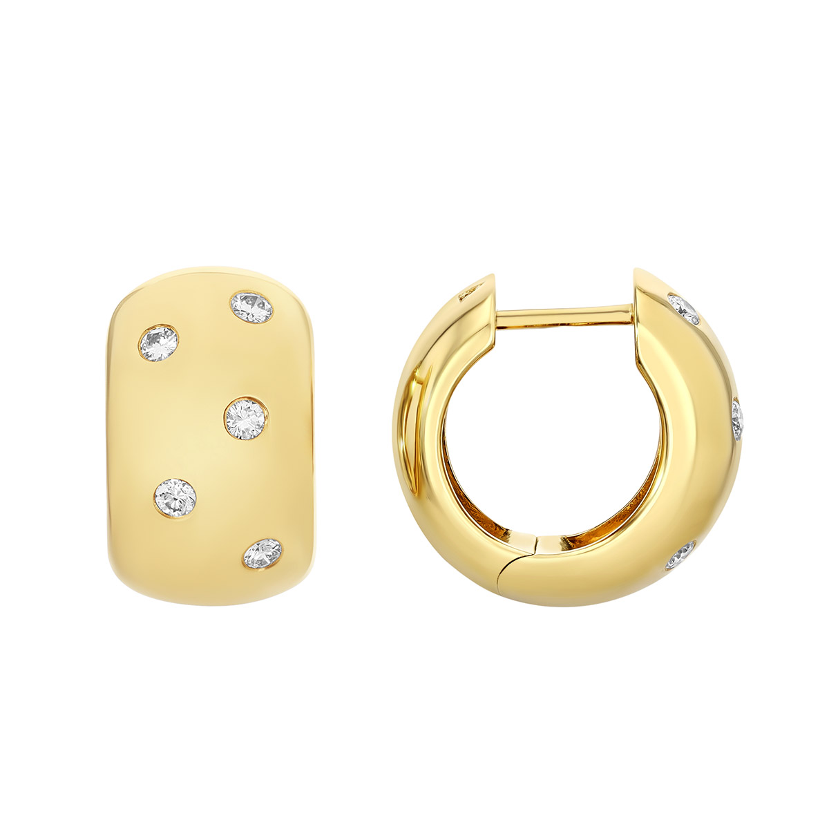Flush Set Diamond Scatter Wide Huggie Hoop Earrings in Yellow Gold