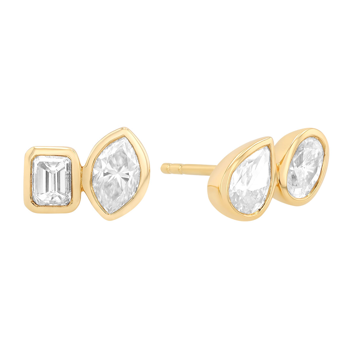 Bezel Set Mixed Shape Diamond Duo Stud Earrings in Yellow Gold
