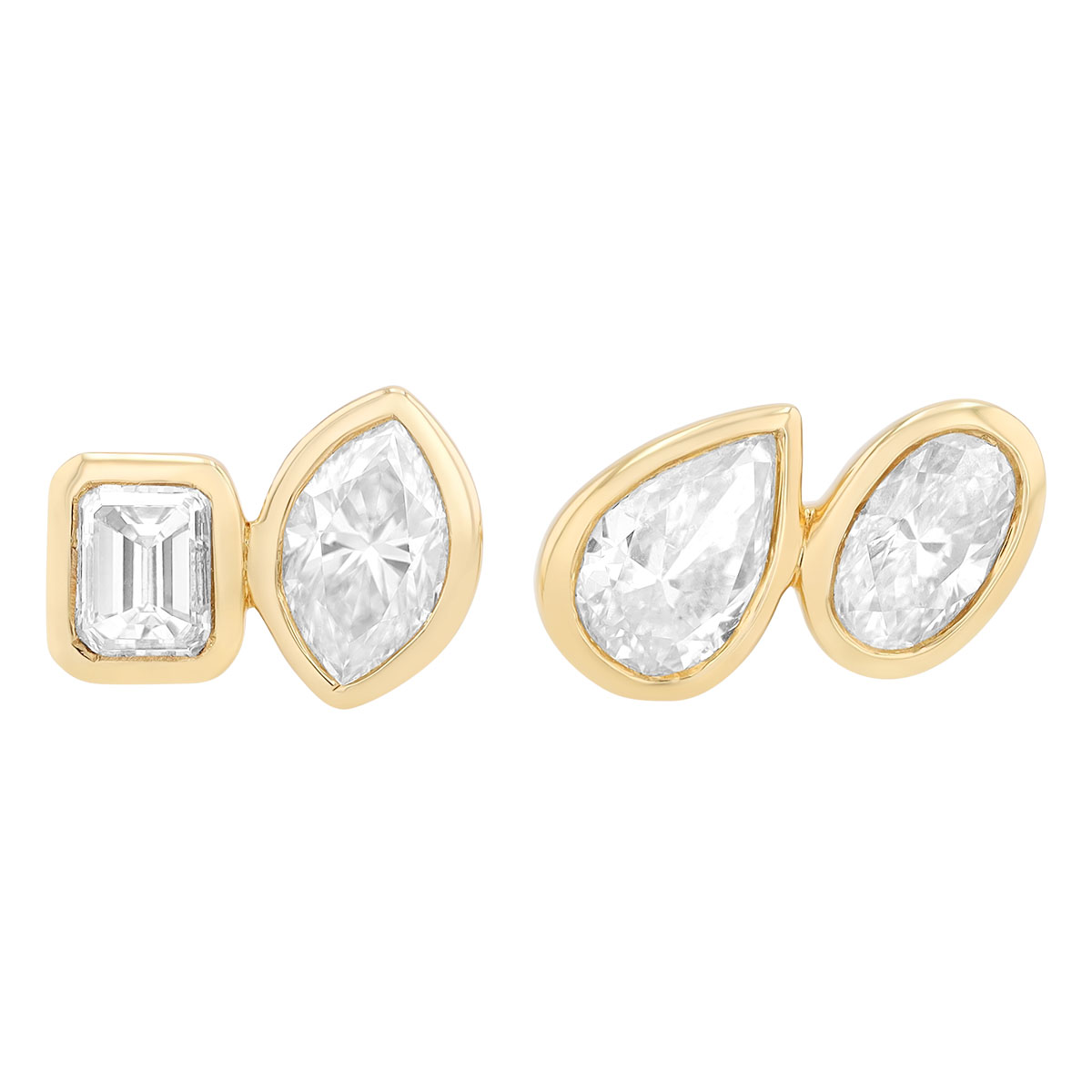 Bezel Set Mixed Shape Diamond Duo Stud Earrings in Yellow Gold