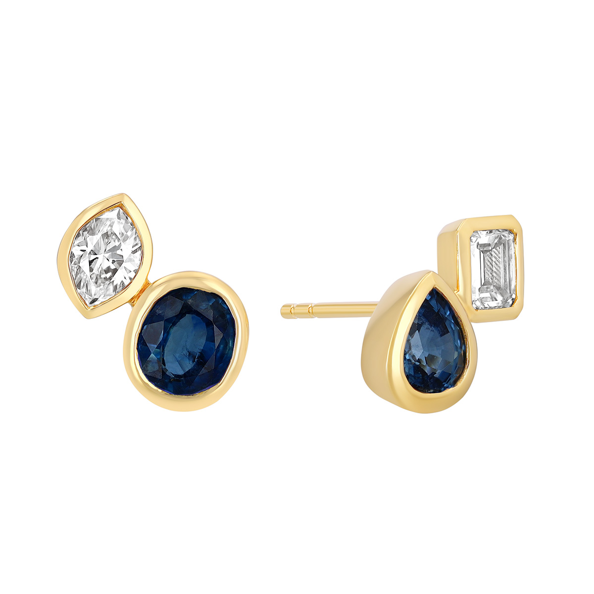 Bezel Set Mixed Shape Sapphire & Diamond Duo Stud Earrings in Yellow Gold