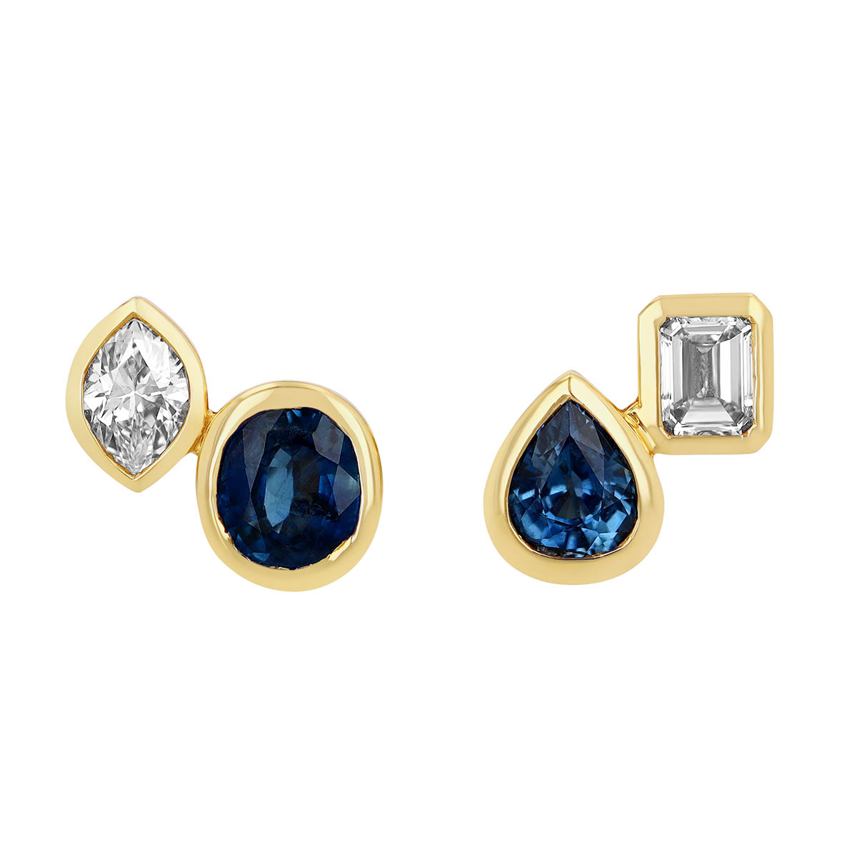 Bezel Set Mixed Shape Sapphire & Diamond Duo Stud Earrings in Yellow Gold