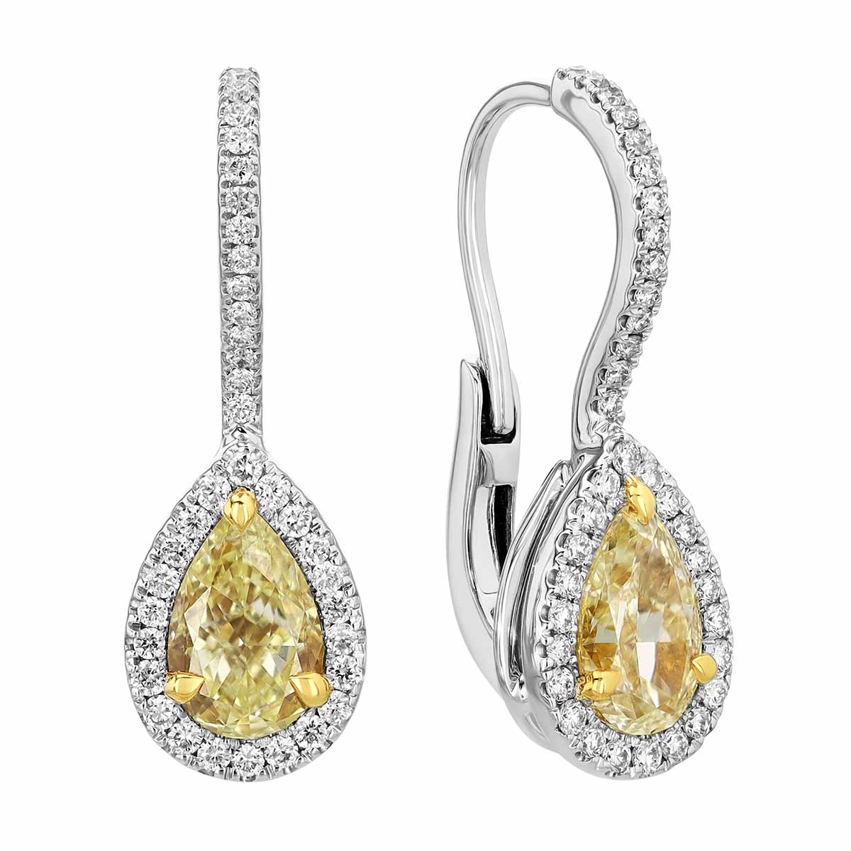 Pear Shape Fancy Yellow Diamond & White Diamond Halo Drop Earrings in Two Tone