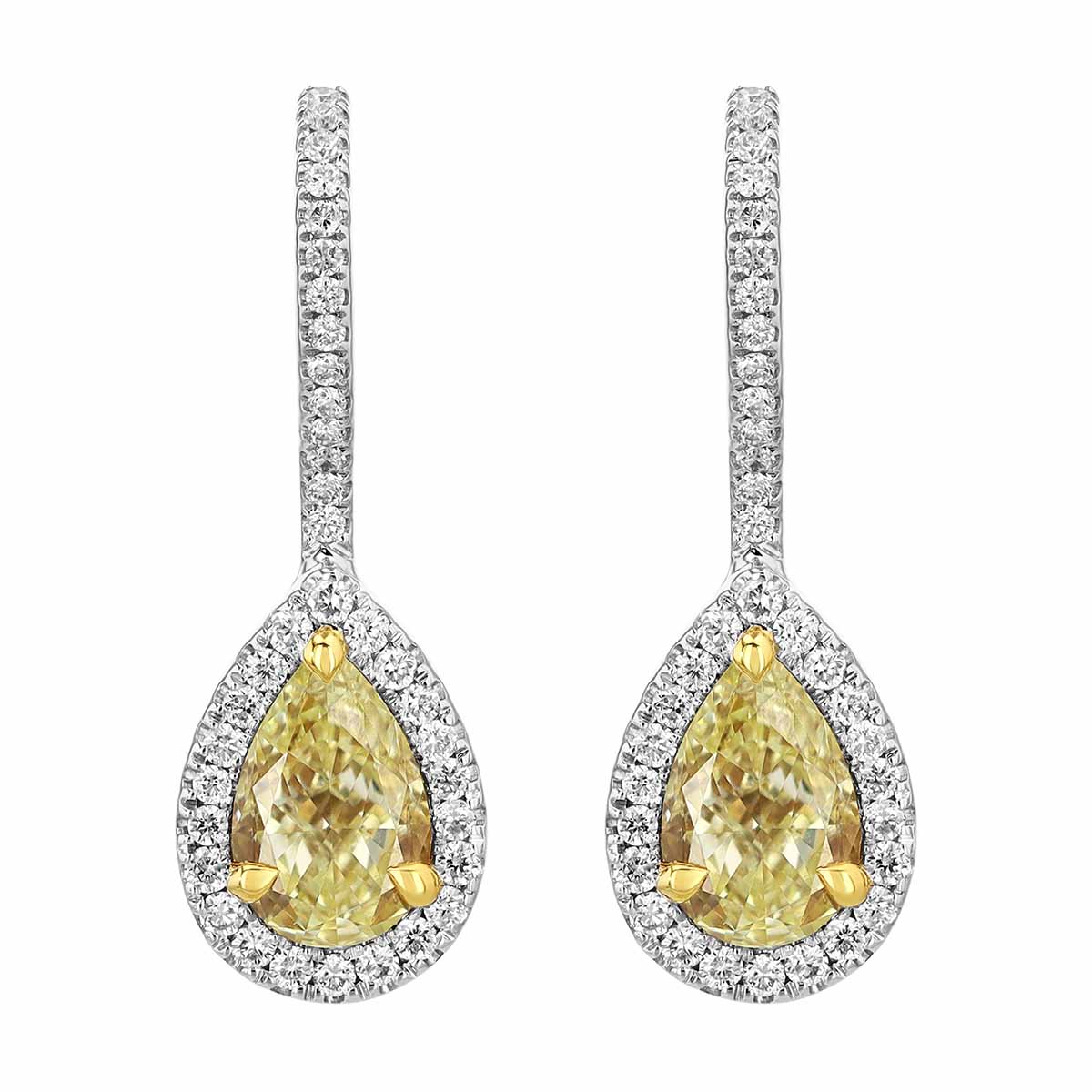 Pear Shape Fancy Yellow Diamond & White Diamond Halo Drop Earrings in Two Tone