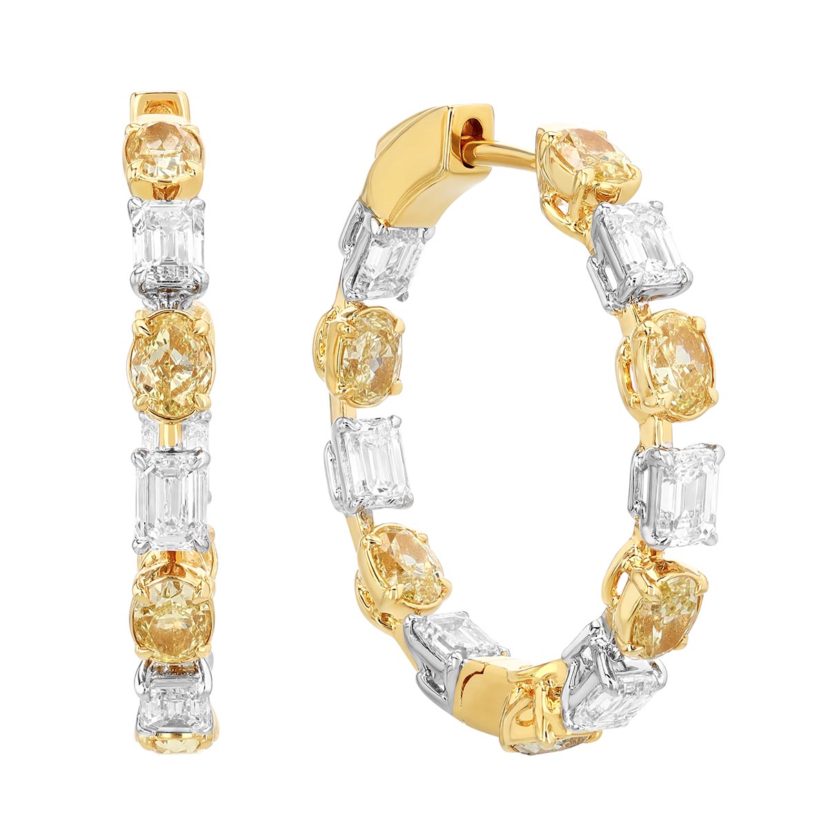 Oval Fancy Yellow & Emerald Cut White Diamond In & Out Hoop Earrings in Two Tone