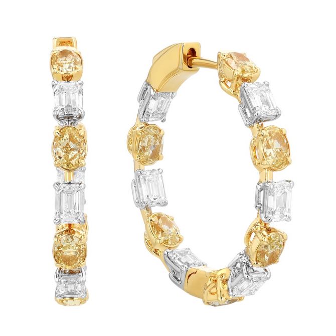 Oval Fancy Yellow & Emerald Cut White Diamond In & Out Hoop Earrings in Two Tone