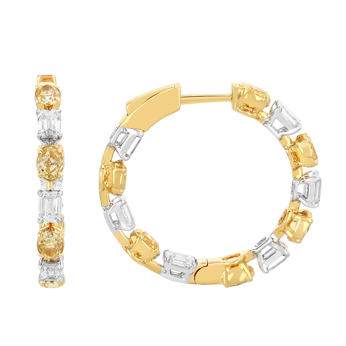 Oval Fancy Yellow & Emerald Cut White Diamond In & Out Hoop Earrings in Two Tone