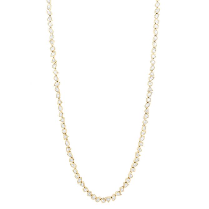 Bezel Set Multi Shape Diamond Tennis Necklace in Yellow Gold, 17", 7.88 cttw