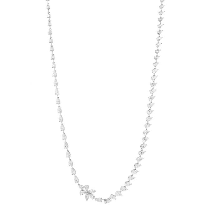 Pear Shape Diamond & Flower Accent Necklace in White Gold, 17.5"