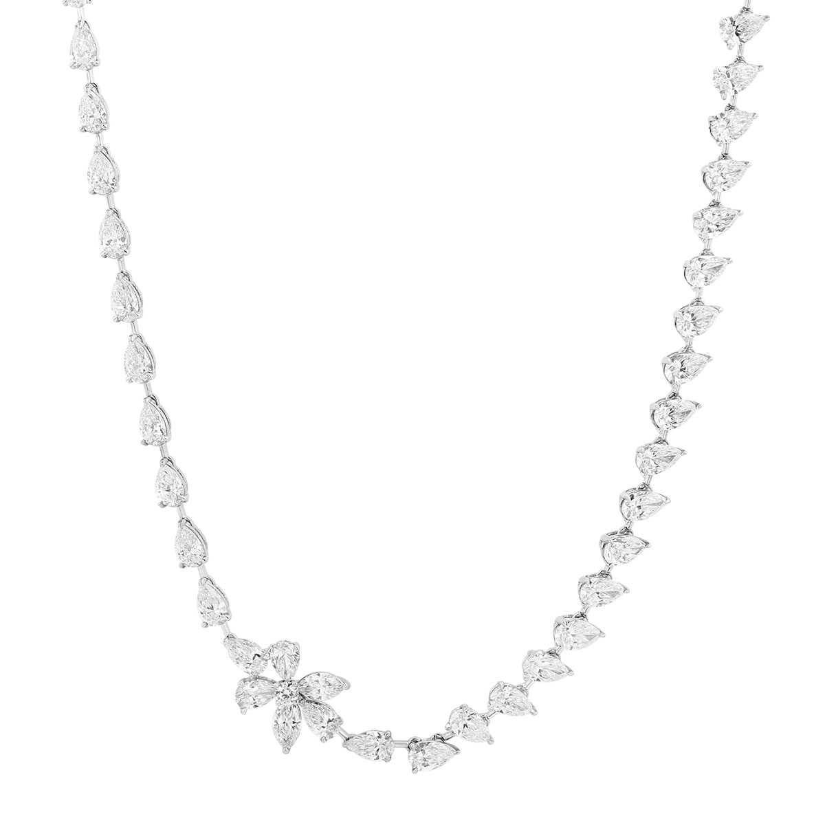 Pear Shape Diamond & Flower Accent Necklace in White Gold, 17.5