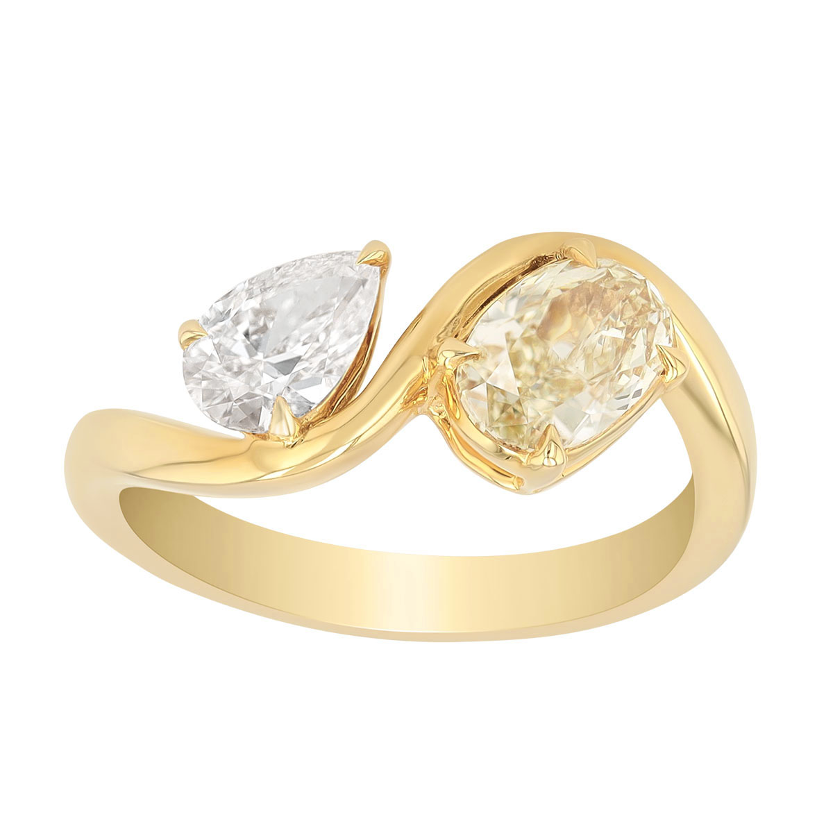 Oval Fancy Yellow & Pear Shape White Diamond Duo Wave Ring in Yellow Gold