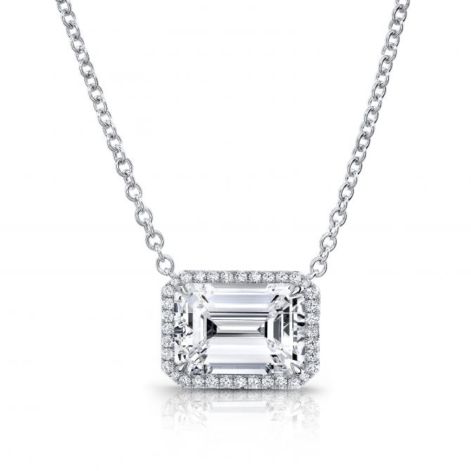 Rahaminov Emerald Cut Diamond Halo Necklace in 18K White Gold, 18"