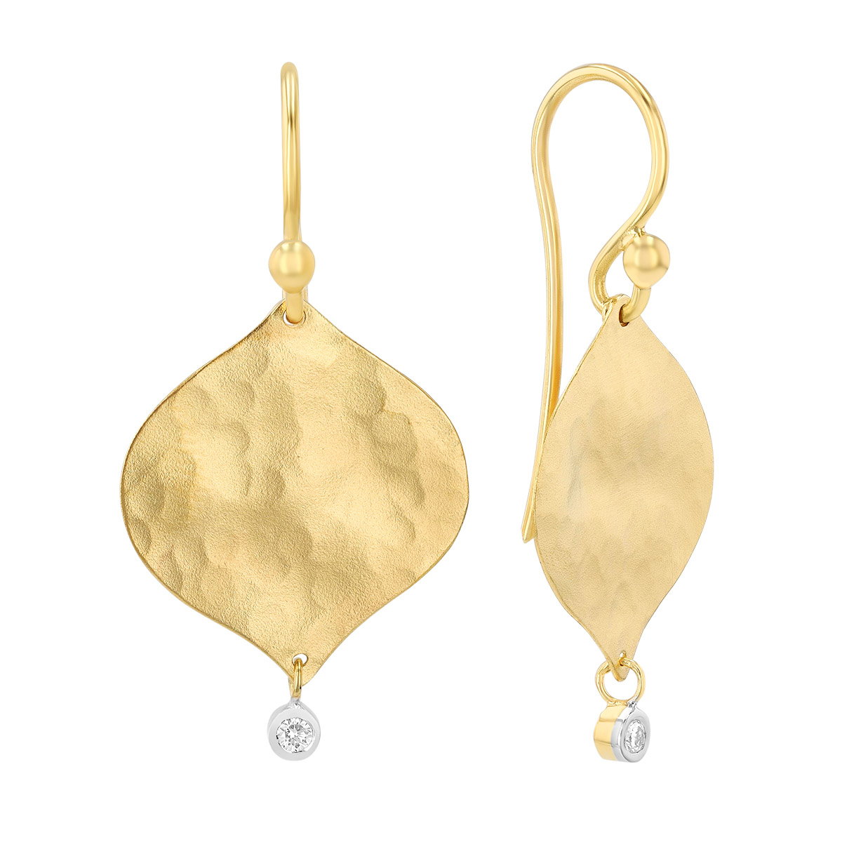 Marika Hammered Yellow Gold Dangle Earrings with Diamond Accent