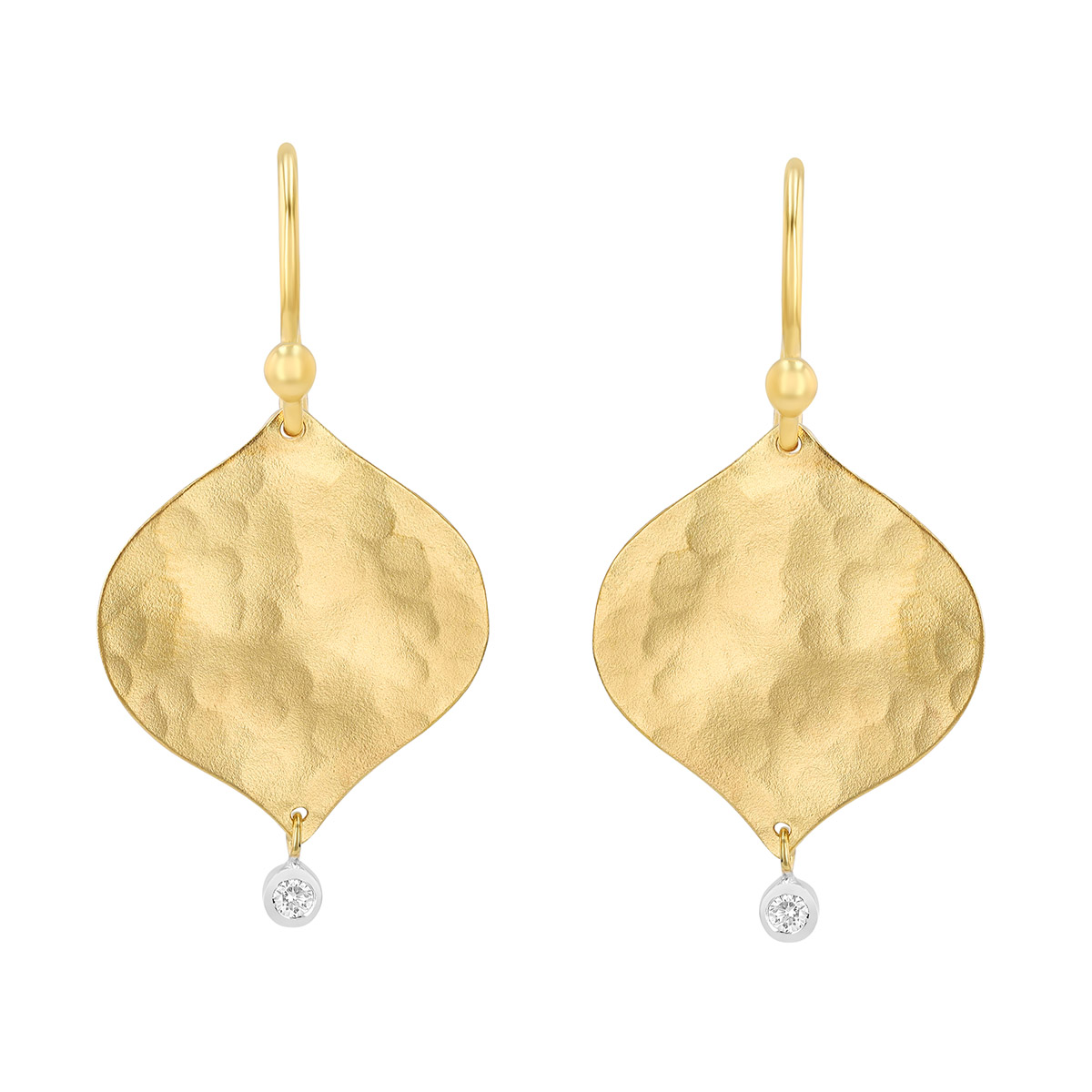 Marika Hammered Yellow Gold Dangle Earrings with Diamond Accent